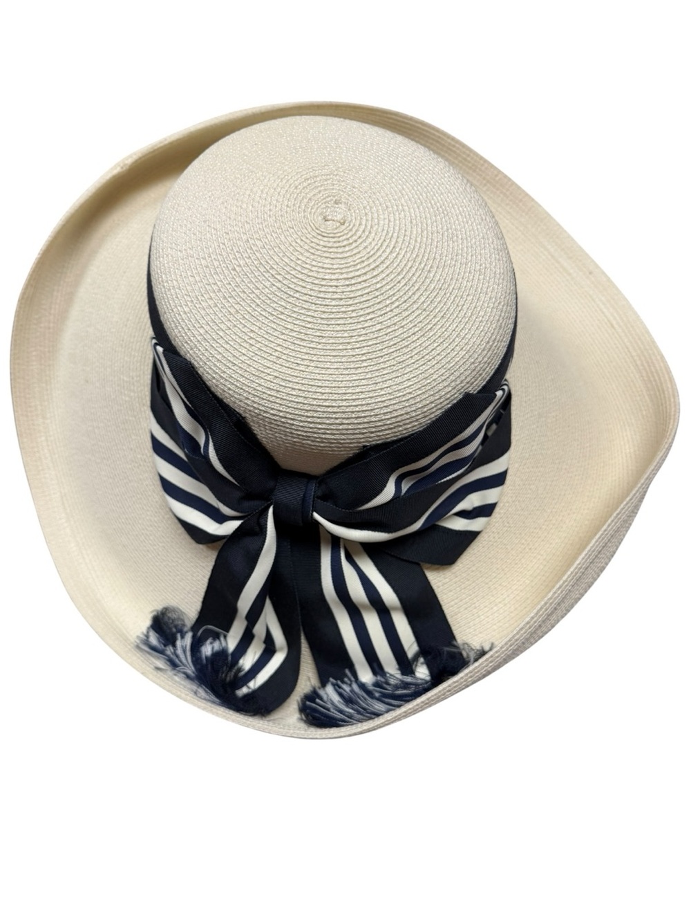 NWT Eric Javits Wide-Brim White Straw Sun Hat with Navy Striped Band 16” - Picture 1 of 10